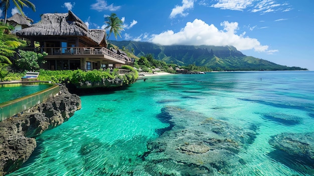 Amazing view of a house on the beach The house is surrounded by palm trees