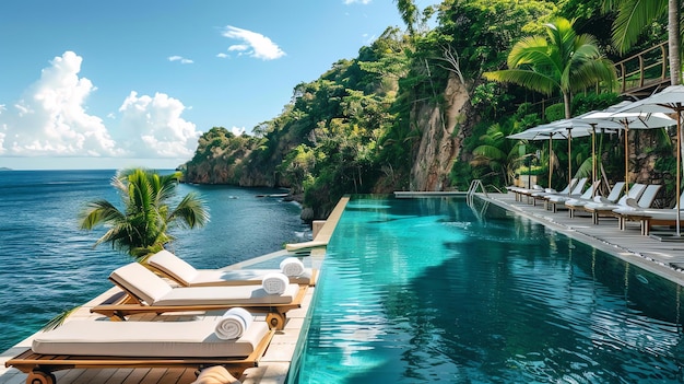 Amazing view of a luxury hotel with an infinity pool overlooking the ocean