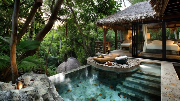 Amazing view of a luxury villa with pool in the middle of a lush green jungle The villa is made of