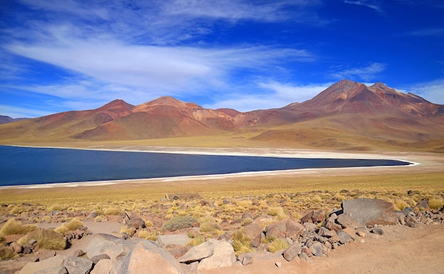 Amazing view of Miscanti lake at elevation of 4120 meters above sea level in Atacama desert Chile