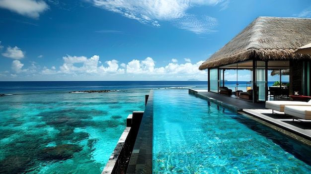 Amazing view of the private infinity pool of a luxury villa with thatched roof wooden terrace