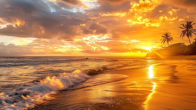 Amazing vivid sunset over the ocean The setting sun casts a golden glow on the beach and water