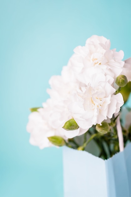 Amazing white carnation flowers in a gift bag