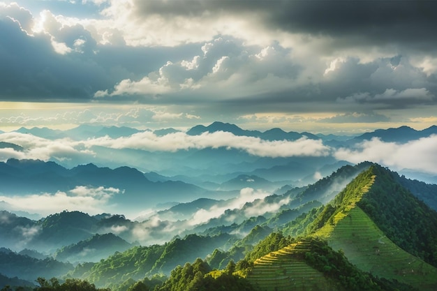 Amazing wild nature view of layer of mountain forest landscape with cloudy sky Natural green scenery of cloud and mountain slopes background MaehongsonThailand Panorama view