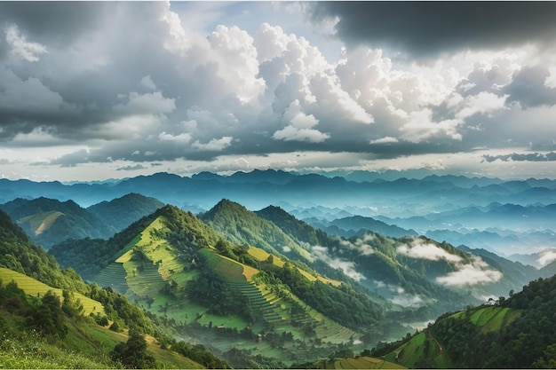 Amazing wild nature view of layer of mountain forest landscape with cloudy sky Natural green scenery of cloud and mountain slopes background MaehongsonThailand Panorama view