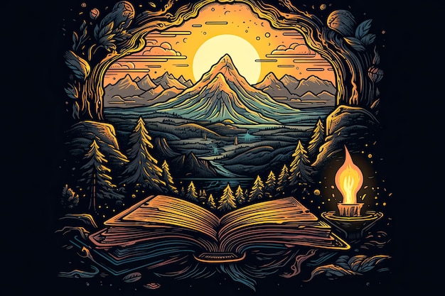 Amazing world with books and a big sun on the background Generative AI