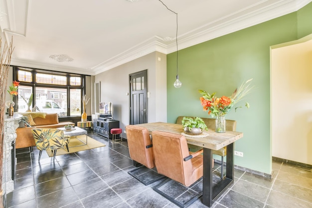 Amazingly decorated dining area with plush brown chairs