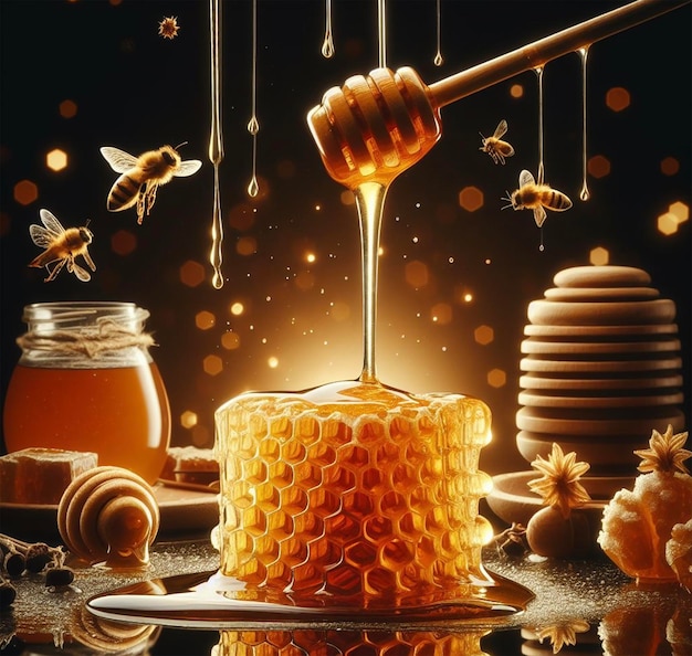 Amazinh Honeycomb and Honey Bee is Producing Honey