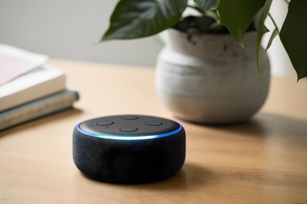 Amazon echo speaker on a table next to a plant