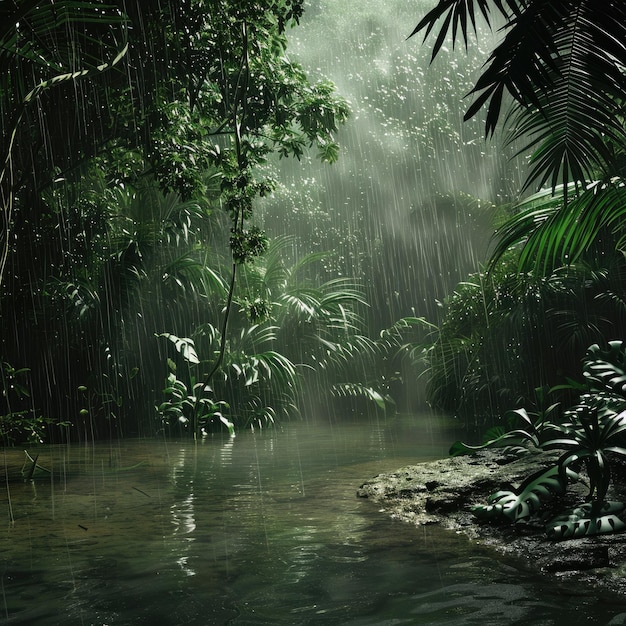 Amazon Forest Green Deep Jungle Rain Forest flowing water in 4K AI Generated