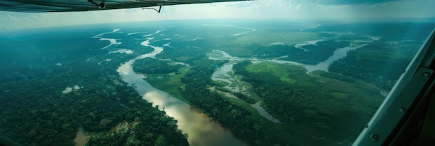 Photo amazon rainforest aerial view with dense green foliage winding rivers complex network ideal for