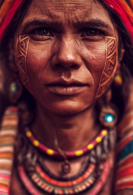 An Amazon Tribe women portrait realistic painting art in rain forest with closed face and tradition.