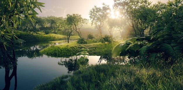 Amazonian tropical rainforest environment with calm river in beautiful sunset light 3d rendering