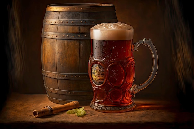 Amber ale in gl mug and large beer barrel created with generative ai