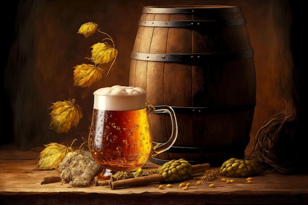 Amber beer in hop ears and beer barrel on wooden board