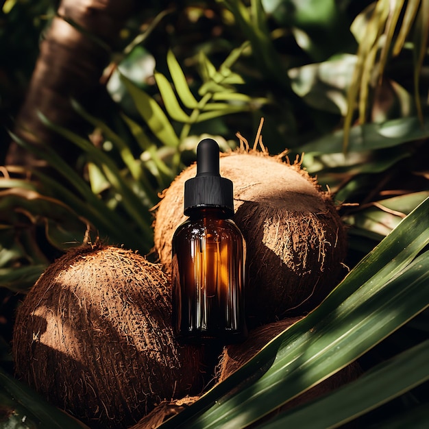 Photo amber bottle of coconut oil with coconut shells and tropical leaves