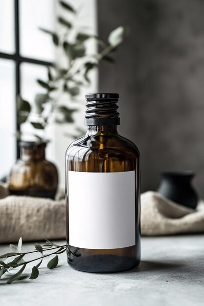 Photo amber bottle with blank label surrounded by greenery on gray table