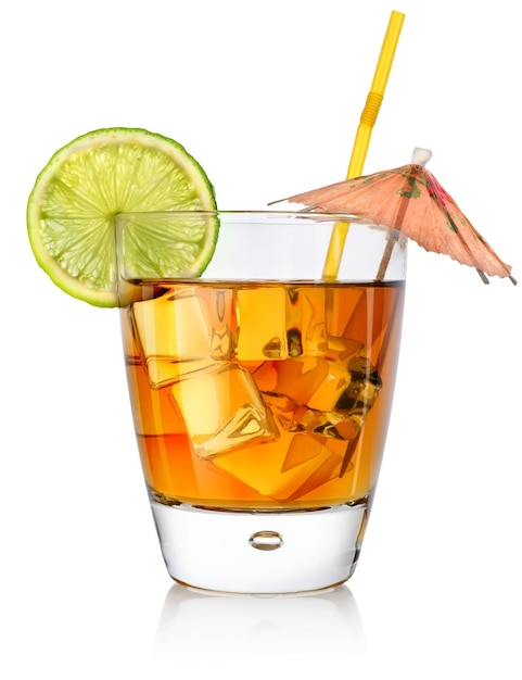 Amber cocktail in a glass isolated on a white background