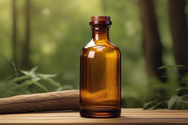 Amber glass bottle label free amid natural wood and serene nature backdrop Organic essence