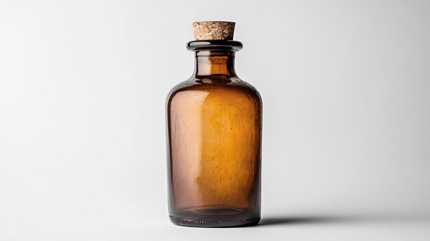 Photo amber glass bottle with cork stopper on a clean background