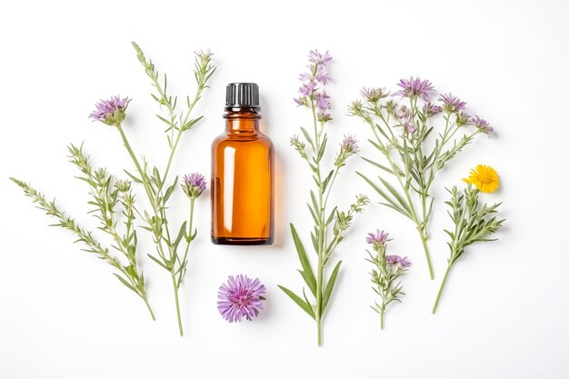 Amber glass bottle with wildflower botanicals on white background