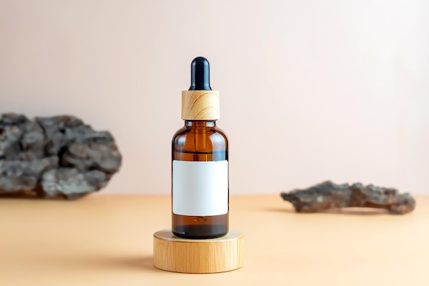 Amber glass cosmetic dropper bottle with blank label on round wooden podium Natural beauty product design branding Mockup cosmetics