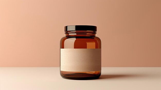 Photo amber glass jars in minimalist setting packaging design label logo