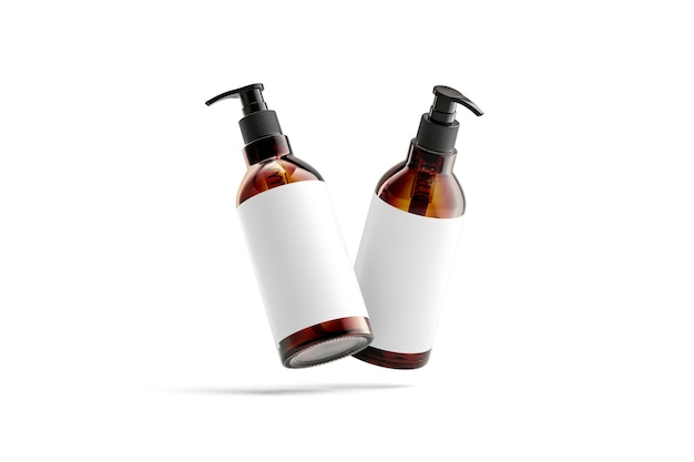 Amber glass pump bottle with white mockup. Lotion or oil pumppack with sticker mock up.