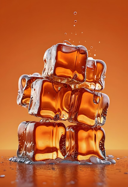 Amber Ice Cubes Stacked with Water Droplets