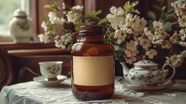 Photo amber jar with floral arrangement packaging design label logo