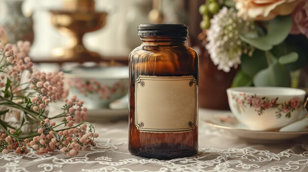 Photo amber jar with floral arrangement packaging design label logo