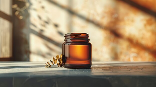 Photo amber jar with rustic interior packaging design label logo