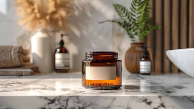 Photo amber jar with rustic interior packaging design label logo