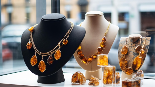 amber jewelry in store window counter with baltic