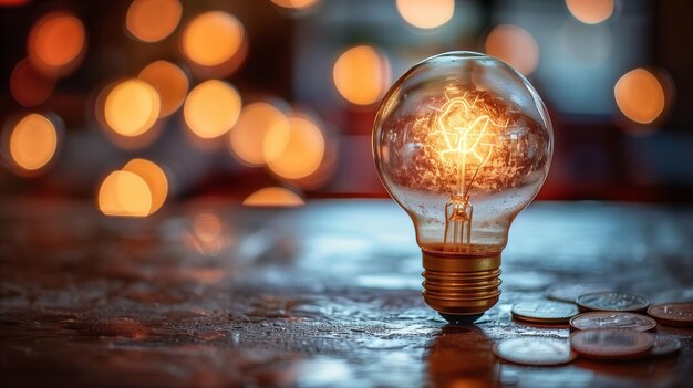 Amber light bulb on coinfilled table creating a unique art installation