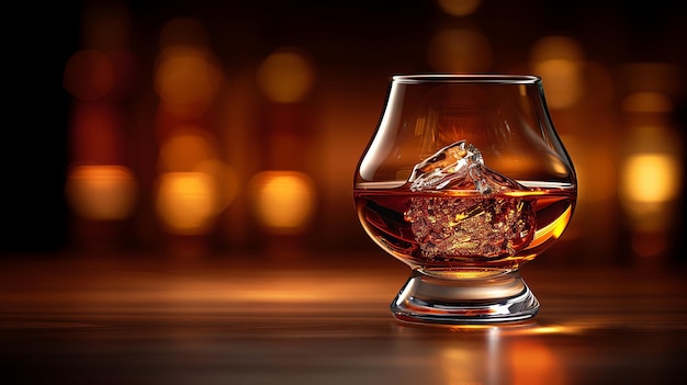 Amber liquid in stemware with ice on a table a glass of cognac