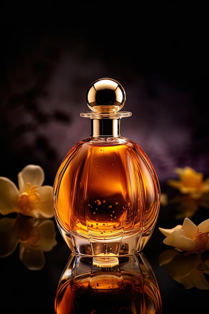 Amber perfume bottle on a black background with lighting from behind AI generated