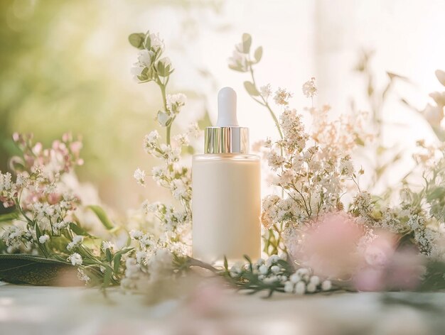 Photo amber serum bottle with white flowers