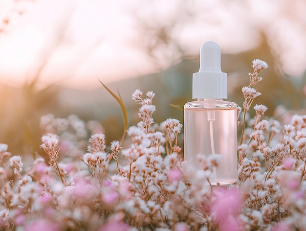 Photo amber serum bottle with white flowers