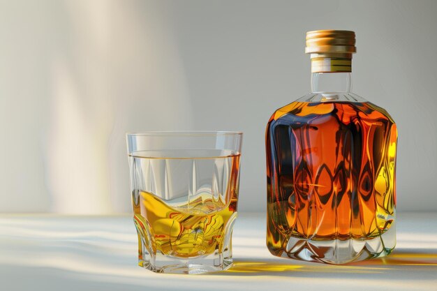 Photo amber whiskey in glass and bottle with dramatic lighting