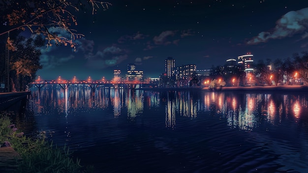 Photo the ambient glow of the city lights reflected on the calm surface of the river creating a mesmerizing and tranquil scene