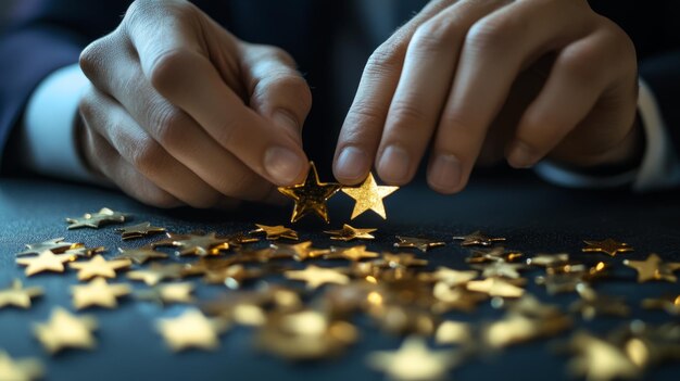 Photo ambitious businessman achieving goals gold stars on desk stock photo