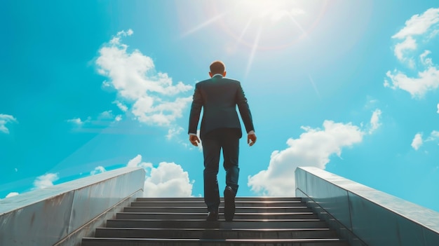 An ambitious businessman wearing a suit climbs the stairs to meet new challenges and opportunities against a background of blue sky The concept of career growth and Success