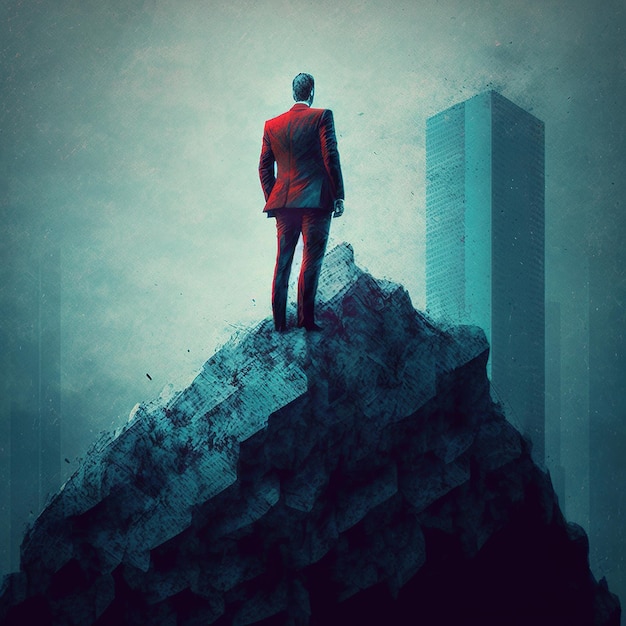 Ambitious Businessman with a Vision Standing on Top of a Skyscraper