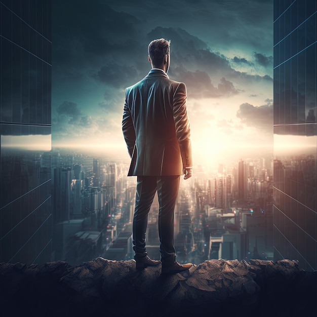 Ambitious Businessman with a Vision Standing on Top of a Skyscraper