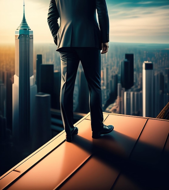 Ambitious Businessman with a Vision Standing on Top of a Skyscraper