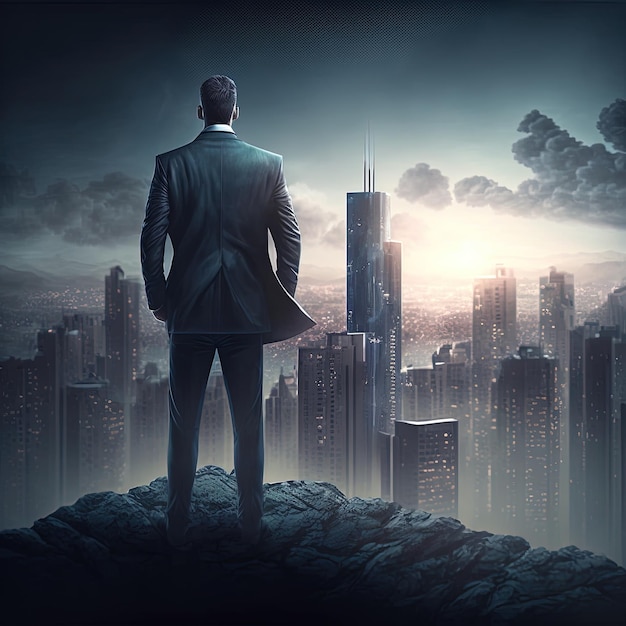 Ambitious Businessman with a Vision Standing on Top of a Skyscraper