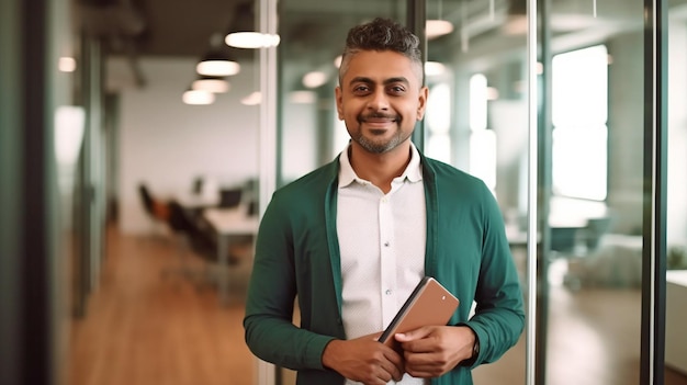 An ambitious Indian guy entrepreneur ceo manager stands in a modern office area with a laptop leaning against a glass wall Generative AI