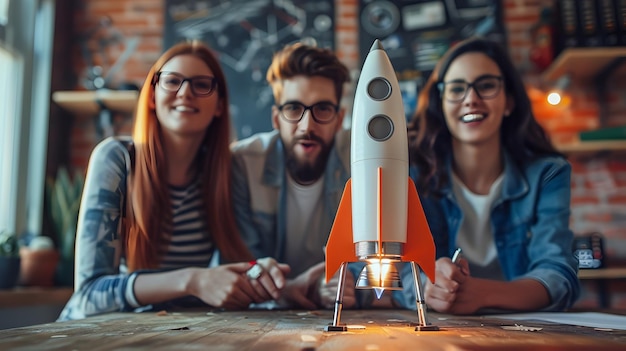 Ambitious Space Industry Entrepreneurs Brainstorming with Rocket Model