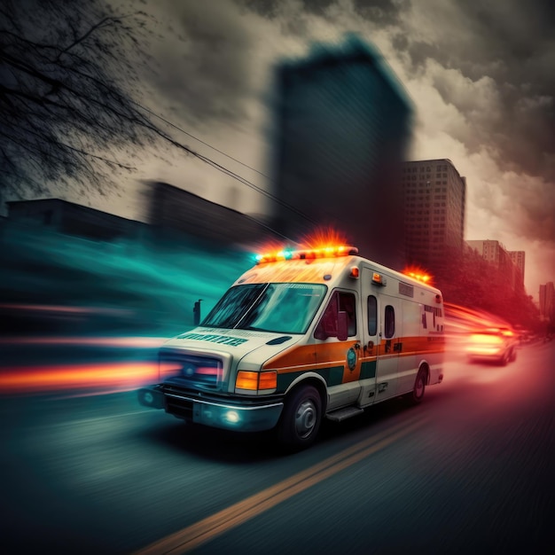 Ambulance driving in city street with clouded sky created using generative ai technology